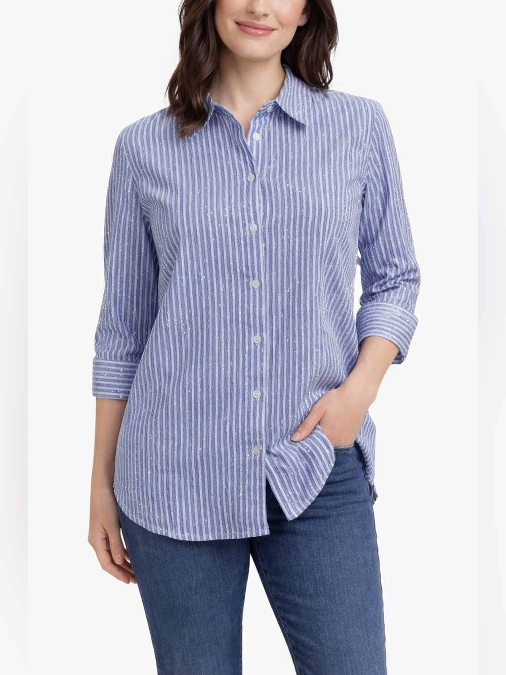Covington 3/4 sleeve Blue White Glitter Pin Stripe Blouse Size Large